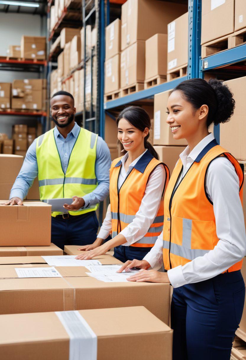 A diverse team of warehouse workers joyfully collaborating around large packages and technology, depicted with vibrant charts displaying order statistics and customer feedback. The background features a modern warehouse with efficient logistics pathways and delivery vehicles. Illustrate a sense of teamwork and satisfaction, showcasing diversity in ethnicity and gender in the workplace. super-realistic. vibrant colors. white background.