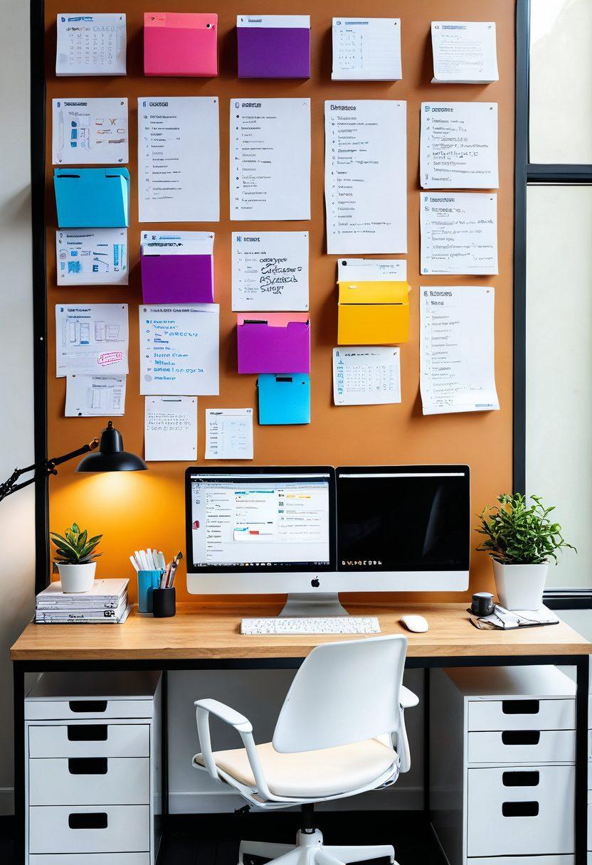 A modern e-commerce workspace featuring a sleek computer with an open order management dashboard, stacks of colorful product boxes ready for shipping, a notepad with handwritten tips beside a steaming coffee cup, and a wall-mounted board displaying best practices. The scene is well-lit with vibrant colors and conveys a sense of organization and efficiency. super-realistic. vibrant colors. clean background.
