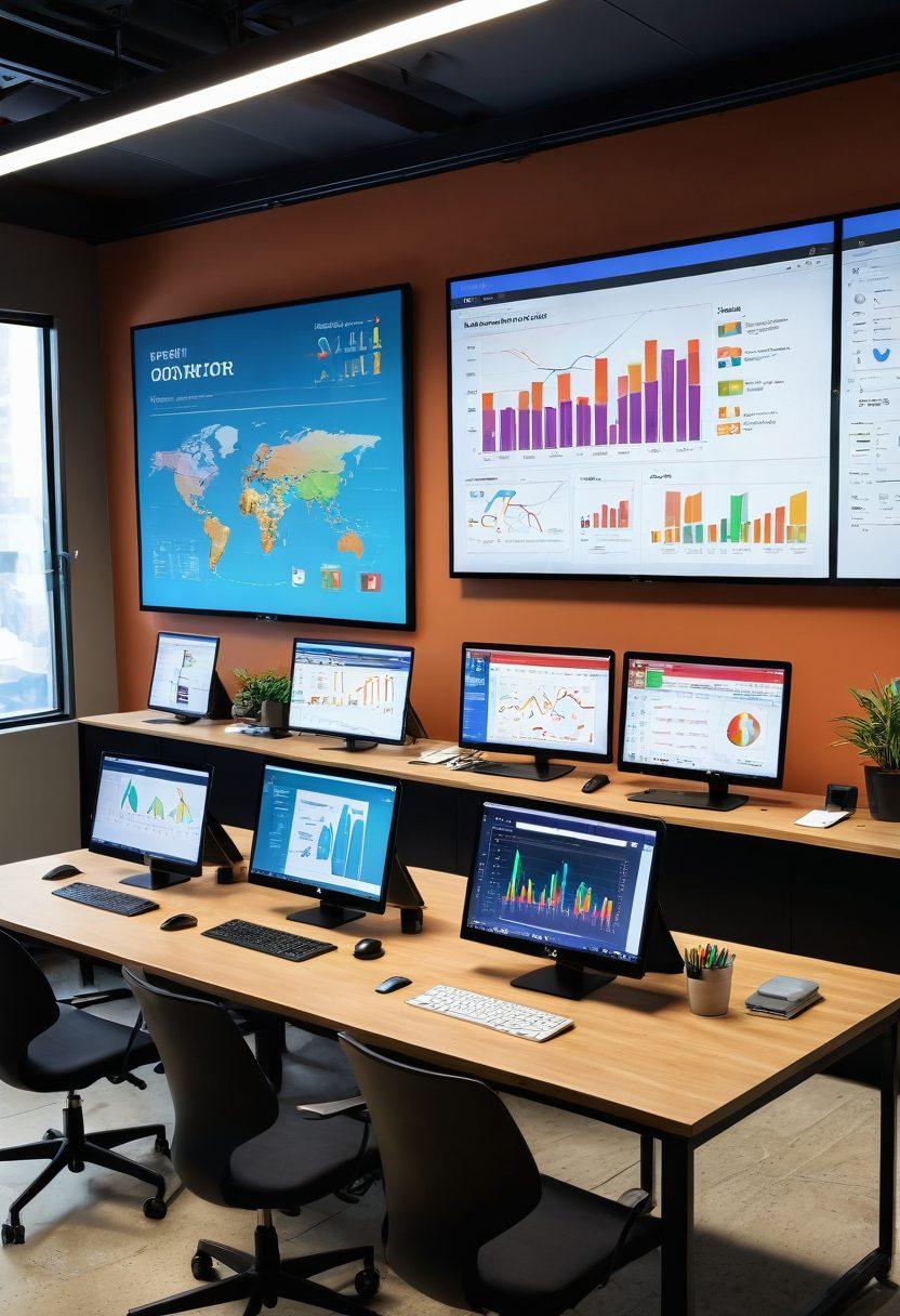 A dynamic workspace featuring a team of diverse professionals collaborating over a large touchscreen displaying sales order analytics. Include charts and graphs showcasing streamlined order tracking. The background should have a modern office with bright lighting and motivational posters. Highlight elements of technology, such as tablets and laptops, to emphasize innovation. super-realistic. vibrant colors. modern office style.